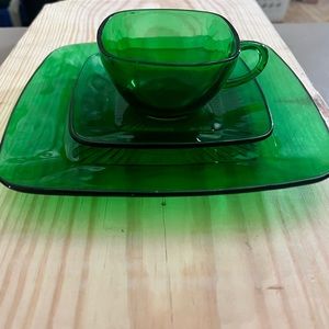 Vintage set of green glass, 3 pieces, tea cup, saucer and salad plate